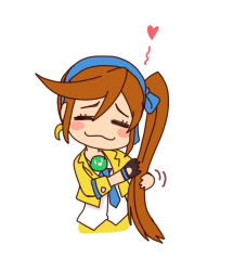 Rule 34 | 1girl, ace attorney, athena cykes, blue ribbon, blush, chibi, closed eyes, crescent, crescent earrings, earrings, galois, gloves, hair ribbon, heart, jacket, jewelry, long hair, necklace, necktie, open clothes, open jacket, orange hair, phoenix wright: ace attorney - dual destinies, phoenix wright: ace attorney - spirit of justice, playing with own hair, ribbon, shirt, side ponytail, single earring, single glove, solo, swept bangs, upper body, very long hair, wavy mouth, white background, white shirt, yellow jacket