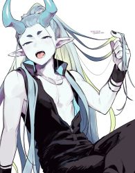 Rule 34 | 1boy, aqua horns, black nails, dated, hand up, horns, jewelry, long hair, male focus, nail polish, necklace, open mouth, pointy ears, simple background, sleeveless, solo, luo xiaohei zhanji, twitter username, upper body, very long hair, vox, white background, xuhuai (the legend of luoxiaohei), zipper, zipper pull tab