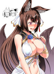 Rule 34 | 3girls, akagi (azur lane), alternate costume, amagi (azur lane), animal ear fluff, animal ears, azur lane, bare shoulders, blue flower, blue rose, blush, breasts, brown hair, cleavage, commentary request, cosplay, embarrassed, fangs, flower, formidable (azur lane), formidable (azur lane) (cosplay), fox ears, fox tail, hair ribbon, hat, highres, illustrious (azur lane), illustrious (azur lane) (cosplay), kaga (azur lane), large breasts, long hair, multiple girls, multiple tails, navel, nose blush, open mouth, purple eyes, revision, ribbon, rose, steed (steed enterprise), tail, very long hair, victorious (azur lane), victorious (azur lane) (cosplay), wavy mouth, white background