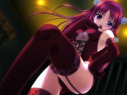 Rule 34 | 00s, 1girl, bdsm, blue eyes, breasts, da capo, da capo i, dominatrix, elbow gloves, femdom, flower, game cg, garter straps, gloves, lace, lace-trimmed legwear, lace trim, long hair, looking at viewer, open mouth, red hair, red leather, rose, shirakawa kotori, solo, thighhighs, underboob