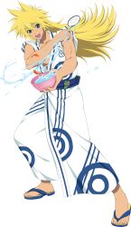 Rule 34 | 1boy, bare arms, blonde hair, bowl, commentary, english commentary, feet, fingernails, fish, full body, green headband, hair between eyes, headband, highres, holding, holding bowl, japanese clothes, kimono, long hair, looking at viewer, male focus, official art, open mouth, sandals, solo, stahn aileron, tales of (series), tales of asteria, tales of destiny, teeth, toenails, toes, transparent background, upper teeth only, water, white kimono, zouri