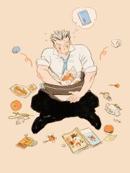 Rule 34 | 1boy, bag, black footwear, black hair, black pants, blue necktie, bokuto koutarou, charm (object), chengongzi123, chinese commentary, collared shirt, commentary request, food, fruit, full body, grey hair, haikyuu!!, highres, holding, holding bag, indian style, looking at object, magazine (object), male focus, multicolored hair, necktie, open mouth, orange background, pants, poke ball, pokemon card, school uniform, searching, shirt, short hair, short sleeves, simple background, sitting, slime (dragon quest), sticky note, streaked hair, striped necktie, stuffed animal, stuffed bird, stuffed owl, stuffed toy, thick eyebrows, thought bubble, very short hair, white shirt, yellow eyes