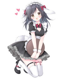 Rule 34 | 1girl, :d, absurdres, animal ears, black dress, black footwear, black hair, blush, breasts, brown eyes, cleavage, cleavage cutout, clothing cutout, collared dress, commentary request, dress, frilled dress, frills, full body, heart, heart cutout, heart o-ring, highres, holding, holding tray, korie riko, looking at viewer, maid, medium breasts, open mouth, original, pleated dress, puffy short sleeves, puffy sleeves, rabbit ears, rabbit girl, rabbit tail, shoes, short sleeves, simple background, smile, solo, swept bangs, tail, thighhighs, tray, white background, white thighhighs