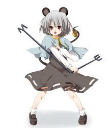 Rule 34 | 1girl, @yu, animal ears, basket, dress, female focus, grey hair, highres, mouse ears, mouse tail, nazrin, open mouth, red eyes, short hair, simple background, solo, tail, touhou, watao