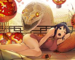 Rule 34 | 1girl, animal, armpits, breasts, china dress, chinese clothes, dress, giant snake, glowing, glowing eyes, lantern, lying, on side, one eye closed, open mouth, original, oversized animal, panties, paper lantern, ponytail, purple eyes, purple hair, rai32019, snake, solo, tears, teeth, underwear, white snake, wink, yawning