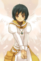 Rule 34 | 1girl, black hair, brown eyes, fire emblem, fire emblem: radiant dawn, jewelry, laura, laura (fire emblem), lowres, nintendo, own hands together, pendant, short hair, smile, solo, wings