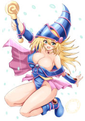 Rule 34 | 1girl, bare legs, bare shoulders, blonde hair, blue footwear, blush, blush stickers, boots, breasts, choker, cleavage, dark magician girl, duel monster, full body, green eyes, hair between eyes, hat, highres, large breasts, long hair, looking at viewer, magic circle, magical girl, open mouth, pentacle, shiny skin, sho (wnmf3234), smile, solo, very long hair, wand, wide hips, wizard hat, yu-gi-oh!