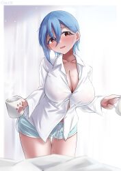 1girl :d absurdres alternate_costume blue_hair blue_shorts blush breasts button_gap cleavage coffee_mug collarbone collared_shirt crossed_bangs cup dolphin_shorts dress_shirt earrings hair_behind_ear hair_between_eyes hickey highres holding holding_cup jewelry kneeling large_breasts leaning_forward looking_at_viewer love_live! love_live!_nijigasaki_high_school_idol_club love_live!_superstar!! mug on_bed open_mouth orange_eyes partially_unbuttoned rikka006 shirt short_hair short_shorts shorts single_sidelock smile solo stud_earrings tokimeki_no_mirai_chizu wakana_shiki white_shirt