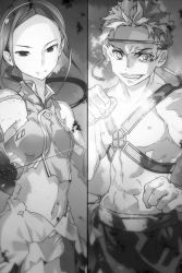Rule 34 | 1boy, 1girl, breasts, bruise, bunbun, closed eyes, cowboy shot, dress, floating hair, greyscale, grin, headband, highres, holding, holding sword, holding weapon, injury, iskahn (sao), long hair, looking at viewer, midriff, monochrome, navel, novel illustration, official art, parted bangs, ponytail, rapier, sheyta synthesis twelve, small breasts, smile, split screen, stance, standing, stomach, sword, sword art online, torn clothes, torn dress, weapon