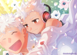 Rule 34 | 2boys, ^ ^, blush, brothers, brown eyes, carrying, character pin, child, closed eyes, closed mouth, duo (housamo), flower, headphones, highres, light rays, light smile, male focus, multiple boys, open mouth, petals, piggyback, shirt, short hair, siblings, smile, sumi wo hakuneko, togo shuichi, tokyo houkago summoners, twitter username, upper body, white flower, white hair, white shirt