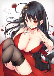 1girl ahoge azur_lane bare_shoulders black_cat black_hair black_thighhighs blush breasts cat champagne_flute choker cisyo cleavage clothes_pull cocktail_dress collarbone commentary_request cup dress dress_pull drinking_glass garter_straps hair_between_eyes hair_ornament highres holding holding_cup large_breasts long_hair looking_at_viewer open_mouth petals pulling_own_clothes red_choker red_dress red_eyes rose_petals signature smile solo taihou_(azur_lane) taihou_(forbidden_feast)_(azur_lane) thighhighs thighs very_long_hair