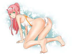 Rule 34 | 10s, 1girl, all fours, ass, breasts, competition swimsuit, darling in the franxx, from behind, green eyes, hairband, highres, horns, kwzp2522, looking at viewer, medium breasts, one-piece swimsuit, oni horns, pink hair, ponytail, red horns, smile, solo, swimsuit, white background, white hairband, white one-piece swimsuit, zero two (darling in the franxx)