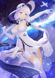 Rule 34 | 1girl, aircraft, airplane, armpits, azur lane, bare shoulders, breasts, cleavage, commentary request, dress, elbow gloves, garter straps, gloves, hat, horizon, illustrious (azur lane), kibanda gohan, large breasts, light purple hair, long hair, looking at viewer, mole, mole under eye, night, night sky, ocean, purple eyes, runway, sky, smile, solo, star (sky), starry sky, sun hat, tri tails, white dress, white gloves, white legwear