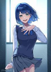 Rule 34 | 1girl, aqua eyes, black sweater vest, blue bow, blue bowtie, blue hair, blurry, blush, bow, bowtie, breasts, collared shirt, commentary, cowboy shot, depth of field, dress shirt, floating hair, grey skirt, highres, htk you13, indoors, kurokawa akane, lens flare, light particles, long sleeves, looking at viewer, medium breasts, medium hair, open mouth, oshi no ko, pleated skirt, school uniform, shirt, skirt, smile, solo, star-shaped pupils, star (symbol), sweater vest, symbol-shaped pupils, teeth, twitter username, upper teeth only, white shirt