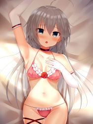 Rule 34 | 1girl, bed, blue eyes, blush, breasts, choker, collarbone, flower, gloves, hand on own breast, highres, lingerie, long hair, looking at viewer, lying, medium breasts, navel, negligee, open mouth, panties, pink panties, princess connect!, princess connect!, rose, silver hair, suzugahama, thigh strap, tomo (princess connect!), underwear, white gloves