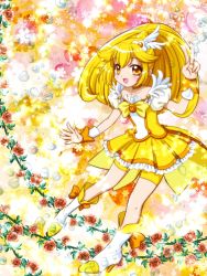 Rule 34 | 10s, 1girl, bad id, bad pixiv id, blonde hair, boots, bow, choker, cure peace, dress, eyelashes, floral background, flower, full body, hair flaps, kise yayoi, long hair, looking at viewer, magical girl, orange flower, orange rose, precure, red flower, red rose, ribbon, rose, sakuraba yukine, shorts, shorts under skirt, skirt, smile, smile precure!, solo, v, wide ponytail, wrist cuffs, yellow bow, yellow dress, yellow eyes, yellow shorts, yellow skirt, yellow theme
