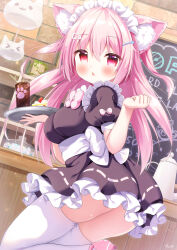 Rule 34 | 1girl, animal ear fluff, animal ears, arm up, ass, black dress, blush, breasts, cafe, cake, cat ears, cat girl, clenched hand, cup, dress, drink, drinking glass, food, from behind, hair ornament, hairclip, highres, indoors, kotoriifu, leg up, long hair, looking at viewer, looking back, maid headdress, medium breasts, no tail, open mouth, original, pink eyes, pink footwear, pink hair, shoes, short dress, solo, standing, standing on one leg, thighhighs, thighs, tray, two side up, waitress, white thighhighs, zettai ryouiki