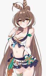Rule 34 | 1girl, :o, absurdres, ahoge, arms up, bikini, blue skirt, blush, bow, brown eyes, brown hair, crossed bangs, feather hair ornament, feathers, fingernails, front-tie bikini top, front-tie top, hair ornament, highleg, highleg bikini, highres, hololive, hololive english, hololive summer 2023 swimsuit, layered bikini, long hair, looking at viewer, magui3, multicolored hair, nanashi mumei, navel, official alternate costume, open mouth, overskirt, ponytail, skirt, streaked hair, striped bikini, striped clothes, swimsuit, thigh strap, very long hair, virtual youtuber, waist bow, white bikini