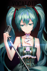 Rule 34 | 1girl, aaeru, ahoge, aqua eyes, aqua hair, black background, breasts, choker, cleavage, collarbone, colored eyelashes, copyright name, dress, green dress, hair between eyes, hatsune miku, highres, holding, holding microphone, long hair, looking down, microphone, microphone stand, sleeveless, sleeveless dress, small breasts, smile, solo, standing, twintails, upper body, very long hair, vocaloid
