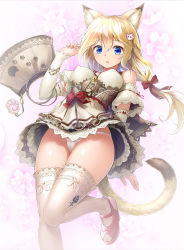 Rule 34 | 1girl, :o, absurdres, animal ear fluff, animal ears, animal print, bad id, bad pixiv id, bag, bell, between breasts, blonde hair, blue eyes, blush, bow, bow panties, bracelet, breasts, cameltoe, cat ears, cat hair ornament, cat print, cat tail, commentary, corset, covered erect nipples, cross-laced clothes, detached sleeves, dress, eyebrows, floral print, hair between eyes, hair bow, hair ornament, hairclip, hand up, high heels, highres, jewelry, jingle bell, lace, lace-trimmed dress, lace trim, leg up, long hair, looking at viewer, low twintails, medium breasts, off shoulder, original, panties, pantyshot, paw print, pink background, pink bow, pink footwear, red bow, red ribbon, revision, ribbon, ribbon-trimmed sleeves, ribbon trim, shell, shoes, short dress, skin tight, solo, solru, tail, thighhighs, toeless footwear, twintails, underwear, upskirt, white bow, white panties