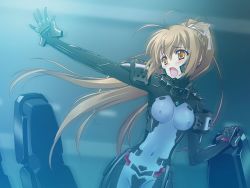 Rule 34 | 1girl, blush, bodysuit, breasts, breasts apart, brown hair, carnelian, covered erect nipples, covered navel, game cg, hair ribbon, high ponytail, katia waldheim, long hair, medium breasts, muv-luv, muv-luv alternative, official art, open mouth, orange eyes, outstretched arm, ribbon, schwarzesmarken, solo, standing, very long hair, white ribbon
