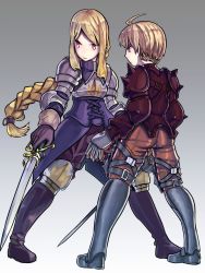 Rule 34 | 1boy, 1girl, agrias oaks, armor, armored boots, blonde hair, boots, braid, breastplate, fighting stance, final fantasy, final fantasy tactics, full body, gloves, grey background, highres, holding, holding sword, holding weapon, knee boots, long hair, low-tied long hair, masui (math-gutch), pauldrons, profile, ramza beoulve, serious, shoulder armor, shoulder spikes, simple background, single braid, spikes, standing, sword, weapon