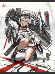 Rule 34 | 1girl, ankle holster, breasts, cable, chest harness, dress, gia, grey hair, gun, hair between eyes, harness, hat, headset, highres, id card, looking at viewer, medium breasts, on one knee, original, short hair, solo, weapon, yellow eyes