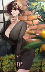 Rule 34 | 1girl, absurdres, black dress, black hair, blurry, blurry foreground, bracelet, breasts, brick wall, cleavage, dress, earrings, finger to cheek, flower, gold osmanthus, hand on own thigh, highres, jewelry, large breasts, leaning forward, looking at viewer, mature female, mole, mole on neck, nail polish, necklace, nekotokage, nijisanji, orange eyes, orange flower, parted lips, red nails, ribbed sweater, ring, shirayuki tomoe, short hair, sleeves past wrists, solo, sweater, sweater dress, virtual youtuber, watch, window, wristwatch