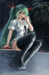 Rule 34 | 1girl, bad deviantart id, bad id, black thighhighs, blouse, bottomless, bow, cherry, doyora, food, fruit, grapes, green eyes, green hair, hair bow, hatsune miku, long hair, matching hair/eyes, no pants, no shoes, shirt, sitting, solo, thighhighs, twintails, vocaloid, world is mine (vocaloid)