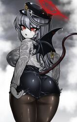 Rule 34 | 1girl, 2024, adjusting clothes, ass, ass focus, black hat, black skirt, blue archive, blush, braid, braided sidelock, breasts, commentary, demon tail, demon wings, dot nose, female focus, fog, from behind, gloves, grey hair, grey sky, hair between eyes, halo, haruna (blue archive), hat, highres, hip focus, huge ass, korean commentary, large breasts, long hair, long sleeves, looking at viewer, open mouth, outdoors, pale skin, panties, panties under pantyhose, pantyhose, peaked cap, pencil skirt, red eyes, shirt, sideboob, skirt, sky, slit pupils, solo, surprised, tail, thick thighs, thighs, uncolorcube, underwear, very long hair, wet, wet clothes, white gloves, white shirt, wide hips, wing ornament, wings