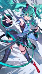 Rule 34 | absurdres, armpits, boots, detached sleeves, green eyes, hair ornament, hatsune miku, headphones, highres, jewelry, long hair, microphone, microphone stand, miniskirt, necktie, panko (drive co), pleated skirt, ring, shirt, skindentation, skirt, sleeveless, sleeveless shirt, solo, thighhighs, twintails, very long hair, vocaloid