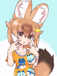 Rule 34 | 1girl, animal ears, blue background, brown eyes, brown hair, cthun n, dhole (kemono friends), extra ears, hair ornament, highres, kemono friends, kemono friends 3, looking at viewer, lucky beast (kemono friends), multicolored hair, shirt, short hair, simple background, solo, t-shirt, two-tone hair, upper body, white hair, wolf ears, wolf girl, wristband