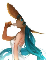 Rule 34 | 1girl, aqua eyes, aqua hair, aqua nails, breasts, dress, eating, food, food in mouth, hat, hatsune miku, lips, long hair, looking at viewer, looking to the side, nail polish, open mouth, overexposure, popsicle, profile, silversirius, simple background, sketch, solo, strap gap, straw hat, sun hat, sundress, twintails, very long hair, vocaloid, white background