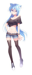 Rule 34 | 1girl, absurdres, animal ear fluff, animal ears, bare shoulders, belt, black thighhighs, blue eyes, blue hair, blue nails, bracelet, breasts, chinese commentary, copyright request, crop top, denim, denim shorts, earrings, full body, groin, hair between eyes, highres, jewelry, ji nian, long hair, medium breasts, midriff, nail polish, navel, ring, shirt, shoes, short shorts, short sleeves, shorts, simple background, solo, standing, taut clothes, taut shirt, thighhighs, tsurime, very long hair, virtual youtuber, white background