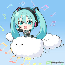 Rule 34 | 1girl, aqua hair, bare shoulders, beamed eighth notes, beamed sixteenth notes, black skirt, black sleeves, blue background, blue necktie, chibi, closed mouth, cloud, collared shirt, commentary request, detached sleeves, eighth note, green eyes, grey shirt, hatsune miku, headphones, headset, long sleeves, mitya, musical note, necktie, pleated skirt, quarter note, shirt, skirt, sleeveless, sleeveless shirt, solid circle eyes, solo, tie clip, twintails, twitter username, vocaloid