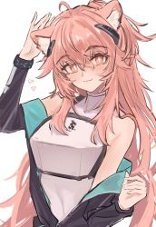 Rule 34 | 1girl, ahoge, animal ear fluff, animal ears, arknights, arm up, armor, bare shoulders, black jacket, blush, bracelet, breastplate, bright pupils, closed mouth, gravel (arknights), highres, infection monitor (arknights), jacket, jewelry, long hair, long sleeves, looking at viewer, open clothes, open jacket, orange eyes, pink hair, shino duka, simple background, smile, solo, upper body, very long hair, white background
