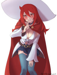 Rule 34 | 1girl, arikindows10, artist name, blush, breasts, bright pupils, buttons, cape, chariot du nord, cleavage, clothing cutout, detached sleeves, dress, embarrassed, finger to mouth, hair between eyes, hat, highres, leaning forward, little witch academia, long hair, medium breasts, navel, navel cutout, pleated skirt, red cape, red eyes, red hair, shushing, simple background, skirt, solo, thighhighs, twitter username, uniform, ursula callistis, white background, white hat, white pupils, wide sleeves, witch, witch hat