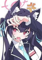 Rule 34 | 1girl, anger vein, animal ear fluff, animal ears, black hair, blazer, blue archive, blue necktie, blue ribbon, blush, fang, hair ribbon, halo, ixy, jacket, long hair, long sleeves, looking at viewer, necktie, open mouth, pink halo, red eyes, red halo, ribbon, serika (blue archive), simple background, solo, twintails, upper body, white background