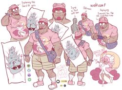 Rule 34 | 1boy, 1girl, artist name, audino, bag, bara, beard, character sheet, creatures (company), english text, f con, facial hair, fangs, game freak, gen 1 pokemon, gen 5 pokemon, glasses, hairy, hat, highres, humanization, male focus, manly, mature male, multiple views, muscular, muscular male, nintendo, open mouth, pectorals, pillow, pin, pink hair, pokemon, shirt, shoes, short hair, shorts, signature, simple background, slowbro, smile, socks, teeth, thick arms, thick eyebrows, thick thighs, thighs, tongue, tongue out, white background