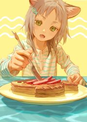 Rule 34 | 1girl, animal ears, buttons, cat ears, cat girl, child, fangs, fish hair ornament, food, fork, green eyes, grey hair, hair ornament, highres, holding, holding fork, long sleeves, medium hair, open mouth, original, plate, shirt, solo, striped clothes, striped shirt, teeth, tunapon01, white shirt, yellow background