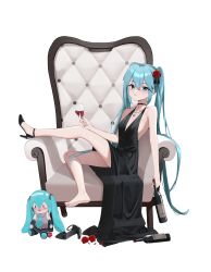 Rule 34 | 1girl, absurdres, alcohol, armchair, barefoot, blue eyes, blue hair, bottle, chair, cup, dress, drinking glass, feet, flower, hatsune miku, highres, jewelry, long hair, looking at viewer, necklace, parted lips, rose, shoes, unworn shoes, soles, toes, twintails, vocaloid, wine, wine bottle, wine glass