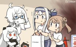 Rule 34 | 4girls, abyssal ship, ahoge, bag, bandana, black-framed eyewear, black pants, blue eyes, blue hair, blue pants, braid, brown eyes, colored skin, commentary request, cone, cowboy shot, dated, double bun, dress, enemy aircraft (kancolle), energy barrier, folded ponytail, glasses, hair bun, hamu koutarou, headband, headphones, highres, horns, kamoi (kancolle), kantai collection, light brown hair, long hair, michishio (kancolle), mittens, multiple girls, northern ocean princess, one-hour drawing challenge, open mouth, orange eyes, pale skin, pants, shirt, shopping bag, short sleeves, short twintails, sidelocks, sign, sleeveless, sleeveless dress, supply depot princess, t-shirt, thick eyebrows, track pants, track suit, traffic cone, translation request, twintails, very long hair, white dress, white hair, white shirt, white skin