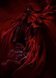 Rule 34 | 1990s (style), 1boy, dirge of cerberus final fantasy vii, epic, final fantasy, final fantasy vii, gun, jpeg artifacts, male focus, nomura tetsuya, official art, red background, red theme, skeleton, solo, vincent valentine, weapon