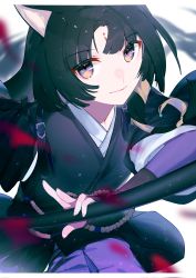 Rule 34 | 1girl, absurdres, animal ears, arknights, bead necklace, beads, black gloves, black hair, black kimono, blurry, blurry background, blurry foreground, closed mouth, commentary request, dog ears, dog girl, facial mark, fingerless gloves, forehead mark, fui (fui29493452), gloves, hand up, highres, holding, holding weapon, japanese clothes, jewelry, kimono, light smile, long hair, looking at viewer, necklace, purple eyes, saga (arknights), shoulder strap, solo, weapon
