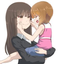 Rule 34 | 2girls, aged down, black jacket, blunt bangs, blush, brown eyes, brown hair, buchikaki, commentary request, dress shirt, girls und panzer, holding person, jacket, laughing, long hair, long sleeves, medium hair, mother and daughter, multiple girls, nishizumi miho, nishizumi shiho, open mouth, shirt, short hair, simple background, sleeveless, sleeveless shirt, smile, straight hair, tsurime, white background, wing collar