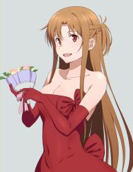 Rule 34 | 1girl, :d, asuna (sao), bouquet, bow, braid, breasts, brown hair, cleavage, collarbone, covered navel, dress, dress bow, elbow gloves, flower, french braid, gloves, holding, holding bouquet, large breasts, long hair, open mouth, puge, red bow, red dress, red gloves, short ponytail, simple background, smile, solo, sword art online