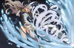 Rule 34 | 1girl, armor, black panties, corrin (female) (fire emblem), corrin (fire emblem), fire emblem, fire emblem fates, holding, holding weapon, magister, nintendo, open mouth, panties, pointy ears, red eyes, silver hair, solo, sword, thighs, underwear, weapon, yato (fire emblem)
