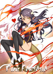 Rule 34 | 1girl, black hair, black thighhighs, blush, breasts, cleavage, cleavage cutout, clothing cutout, earrings, fire, fire, full body, garter straps, hair ornament, heart, high heels, highres, horns, jewelry, leotard, long hair, looking at viewer, pixiv fantasia, pixiv fantasia t, pointy ears, realmbw, sidelocks, single earring, single horn, small breasts, smile, solo, swept bangs, tail, thighhighs, waechter, yellow eyes