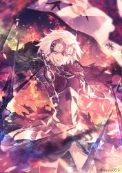 1girl ahoge black_thighhighs breasts cape fate/grand_order fate_(series) flag fur_collar grey_hair grin highres holding holding_flag holding_sword holding_weapon jeanne_d&#039;arc_alter_(avenger)_(fate) jeanne_d&#039;arc_alter_(fate) large_breasts pointing_melee_weapon reluvy smile sword thighhighs torn_cape torn_clothes twitter_username weapon yellow_eyes