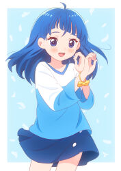 1girl alternate_hairstyle blue_eyes blue_hair blue_shirt blue_skirt casual cowboy_shot crossed_wrists cut_bangs hair_down highres hirogaru_sky!_precure kyanos_(b_0000ff) long_hair long_sleeves looking_at_viewer miniskirt open_mouth precure ribbon shirt skirt smile solo sora_harewataru standing t-shirt wind wrist_ribbon